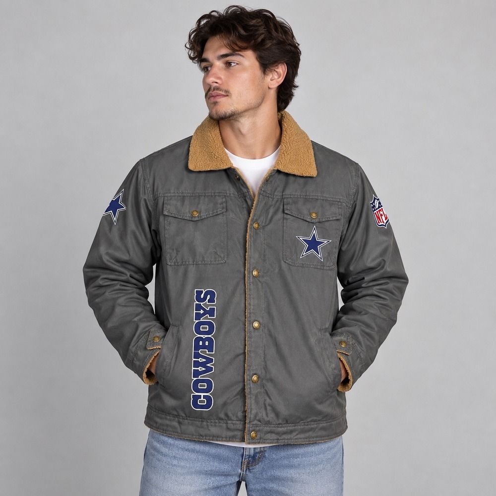 Vintage Dallas Cowboys Jacket Men L Gray Sherpa Lined Full Snap NFL Football Fan